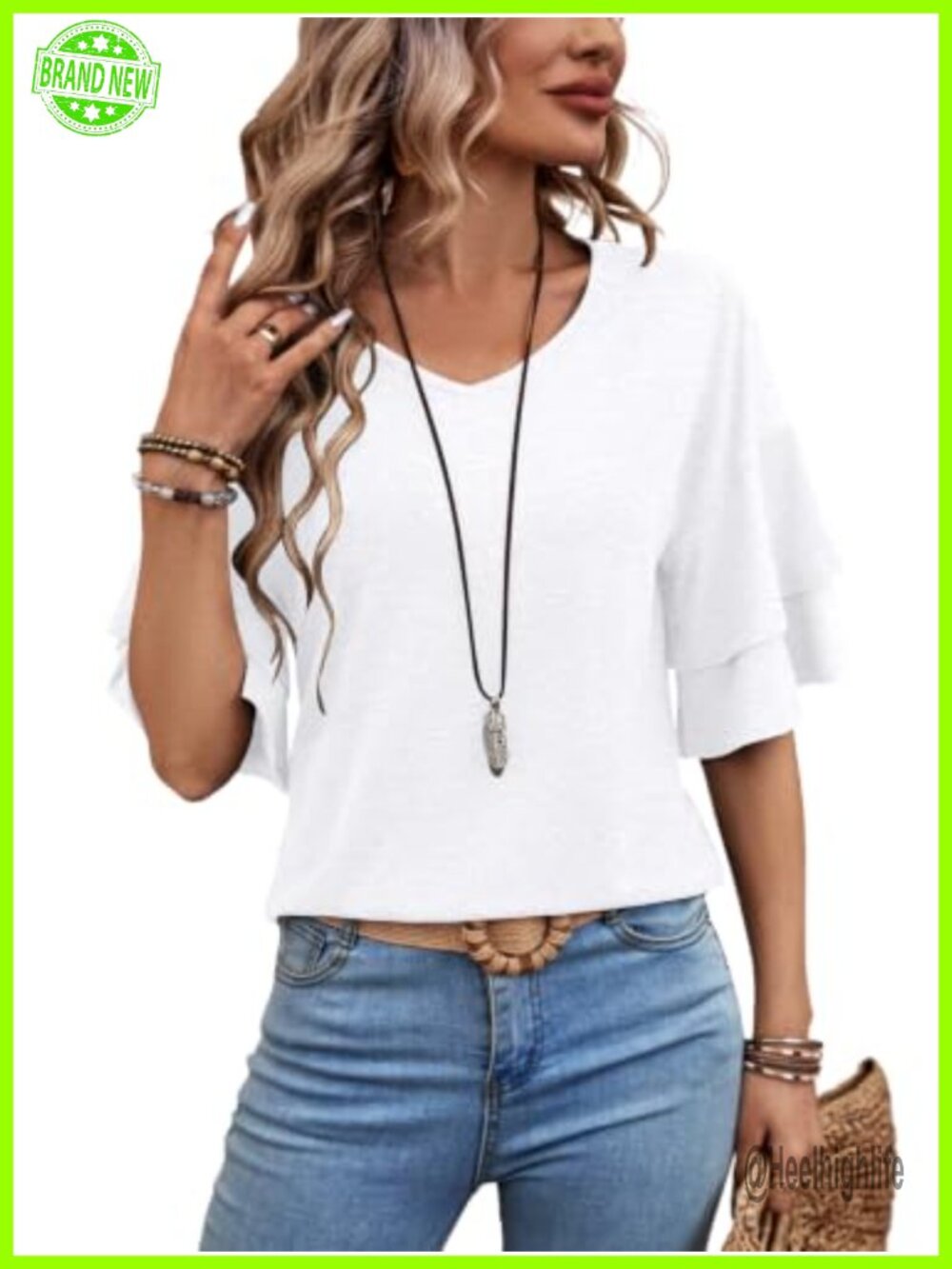 Womens Ruffle Sleeve Blouse V Neck 3/4 Sleeve Dressy Casual Top